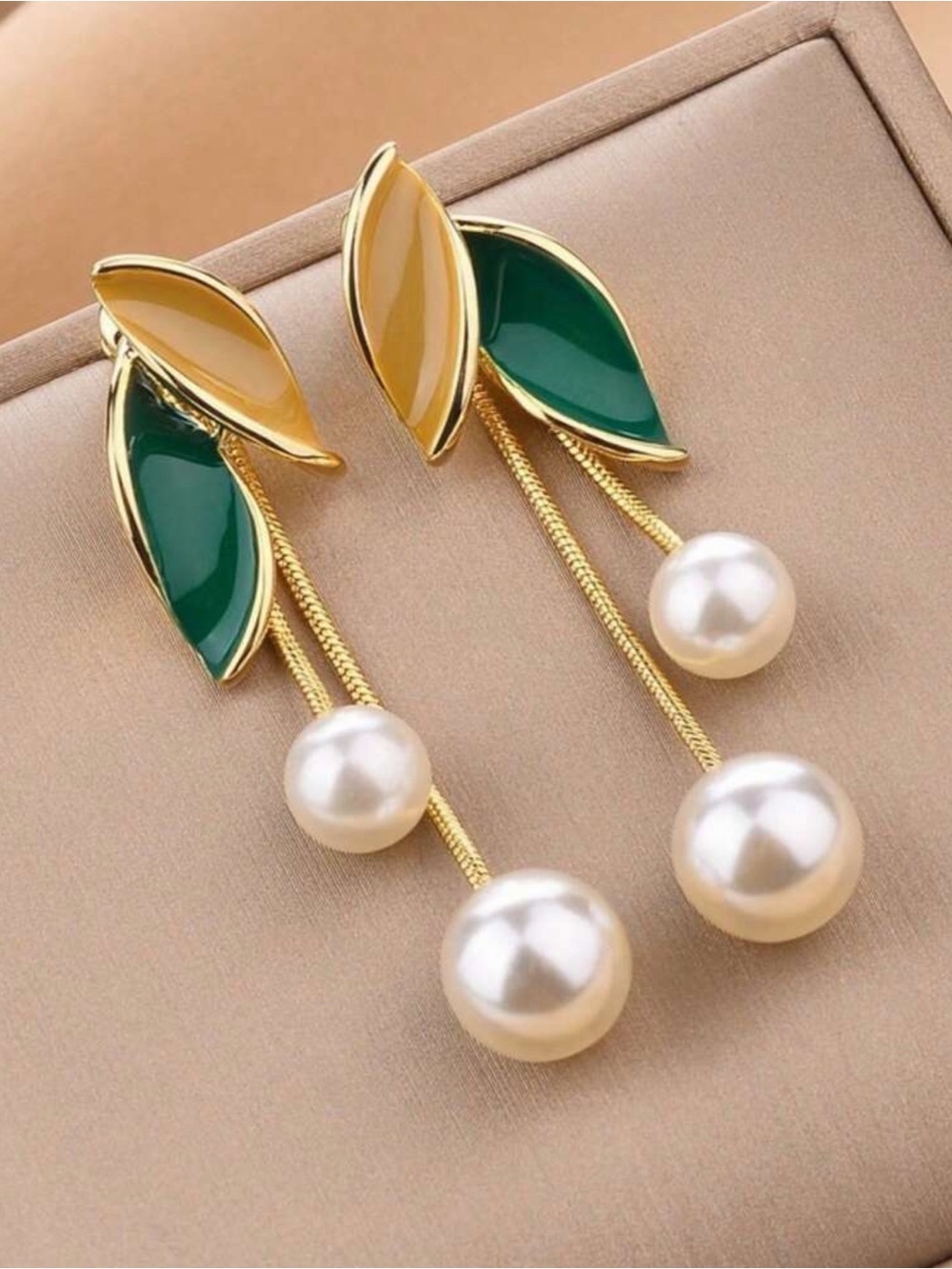 Gold Drop Pearl Earrings with Green and Yellow Enamel Leaves